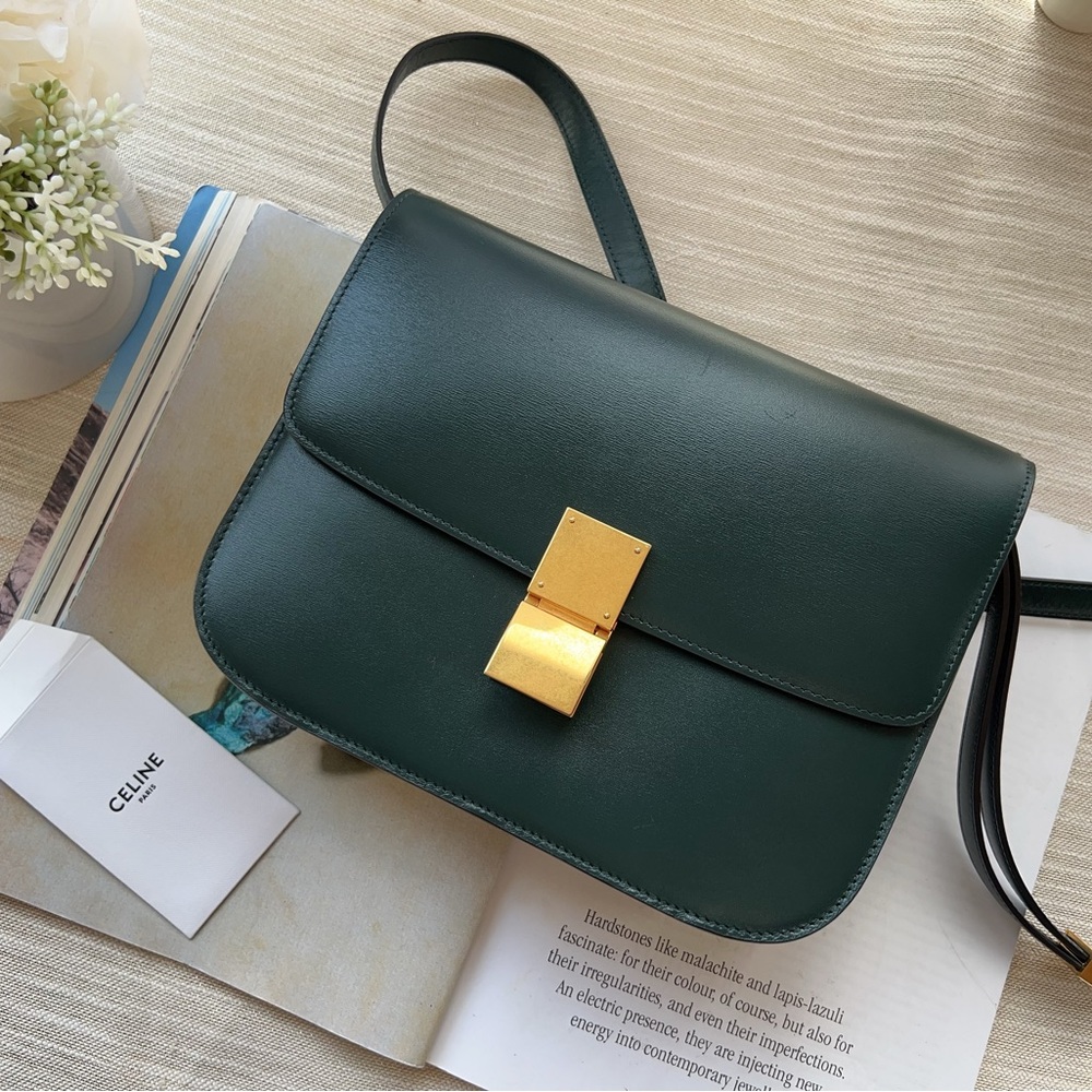 Celine Forest Green Leather Crossbody with Gold Push-Lock